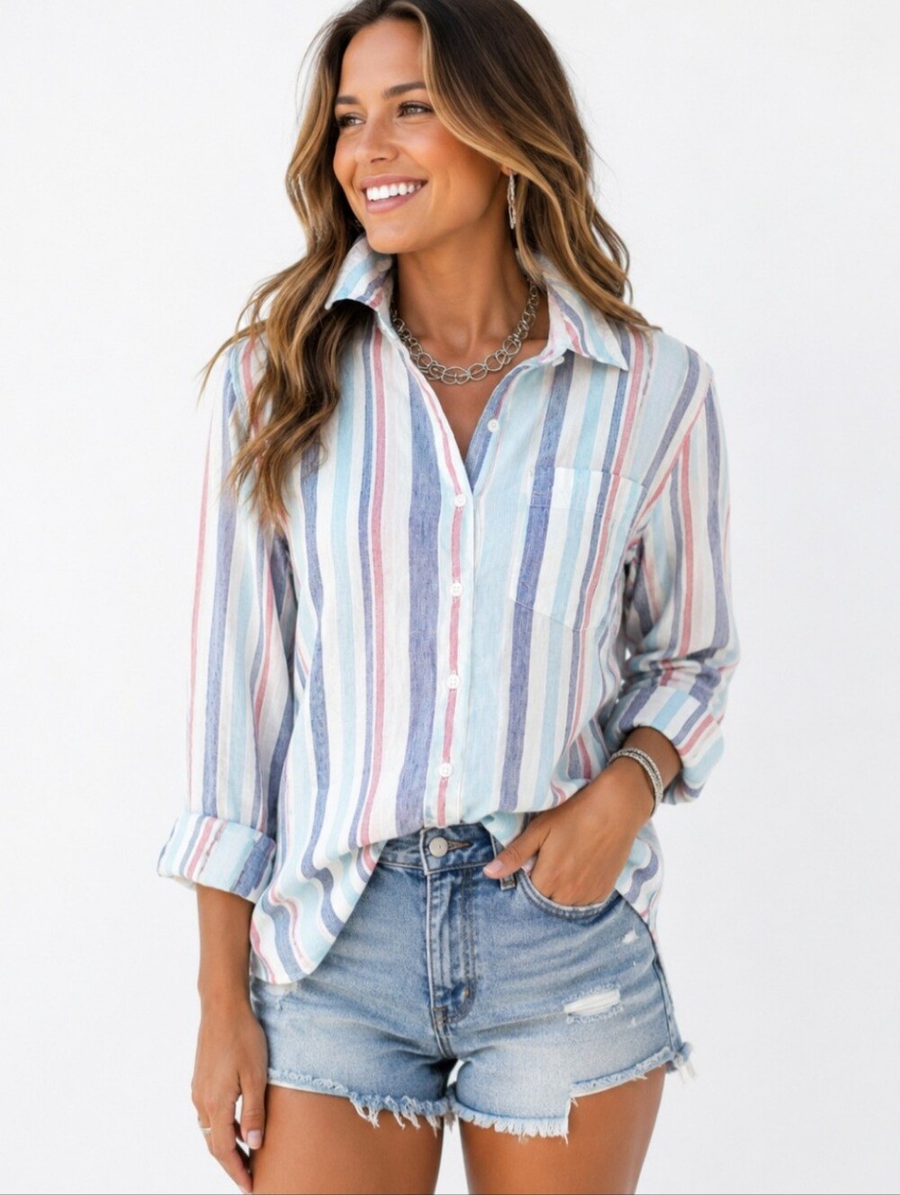 L.L.Bean 100% Linen Button Front Shirt Women's Medium Blue Pink Stripe Coastal